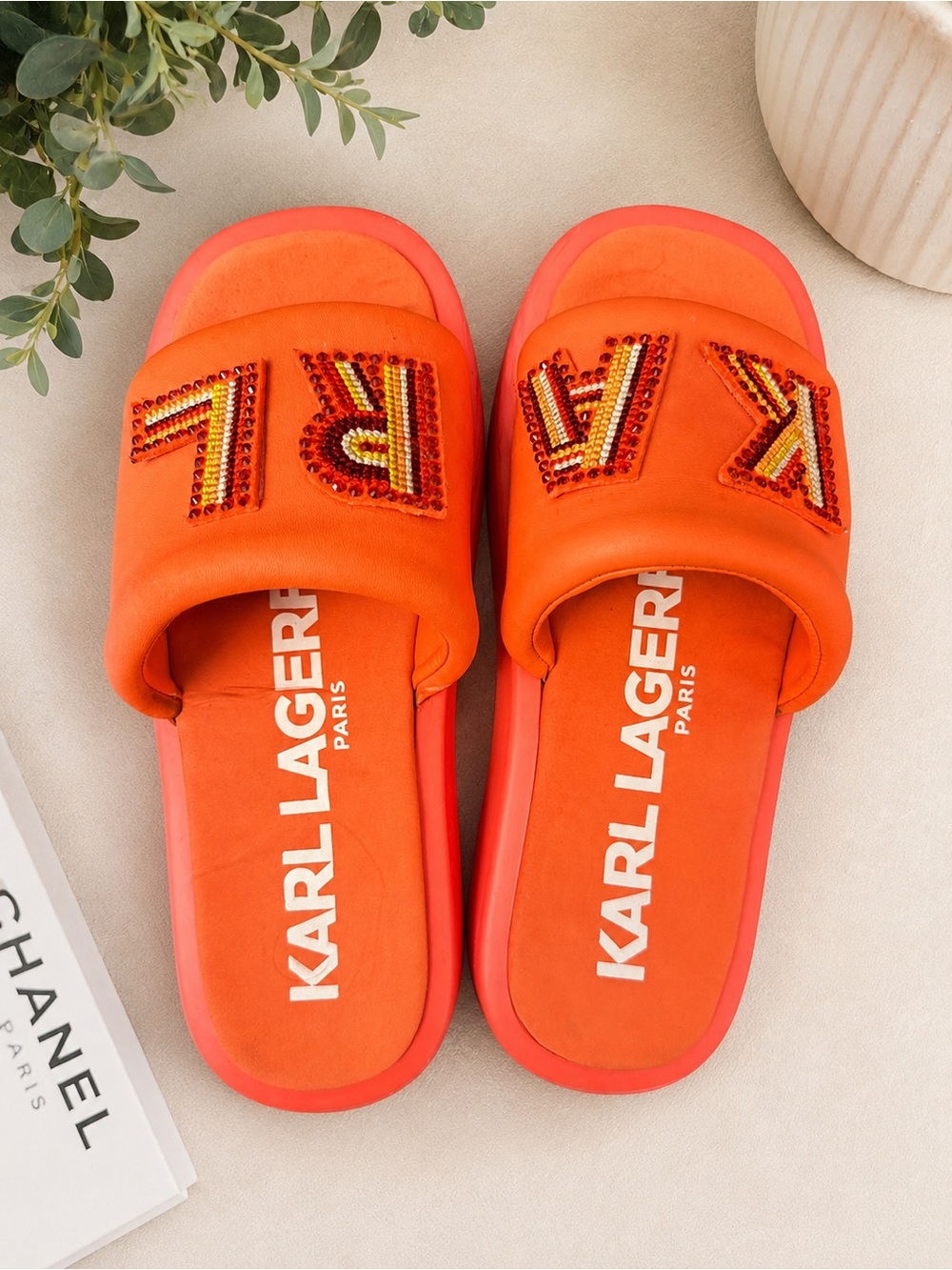 Karl Lagerfeld Bright Orange Beaded KARL Logo Slide Sandals